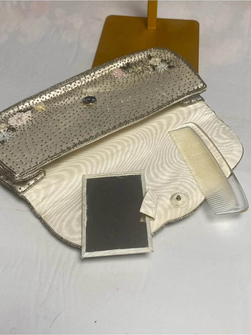 Vintage Hand-Beaded Floral Satin Evening Clutch Mirror & Hughes Comb
